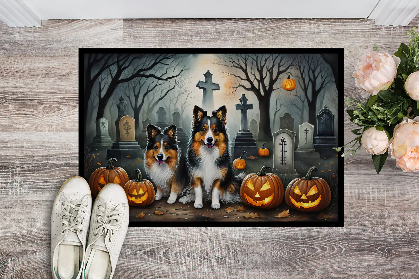 Sheltie Spooky Halloween Doormat