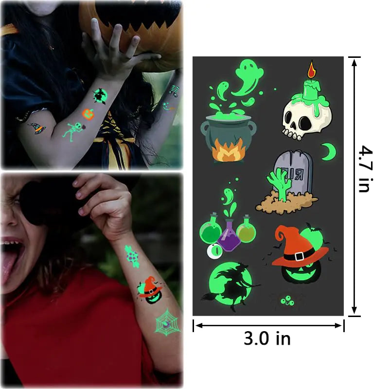 Halloween Temporary Tattoos for Kids, Glow in Dark Tattoos Stickers with Pumpkin Skull Ghost Monster for Halloween Party Favors Decoration