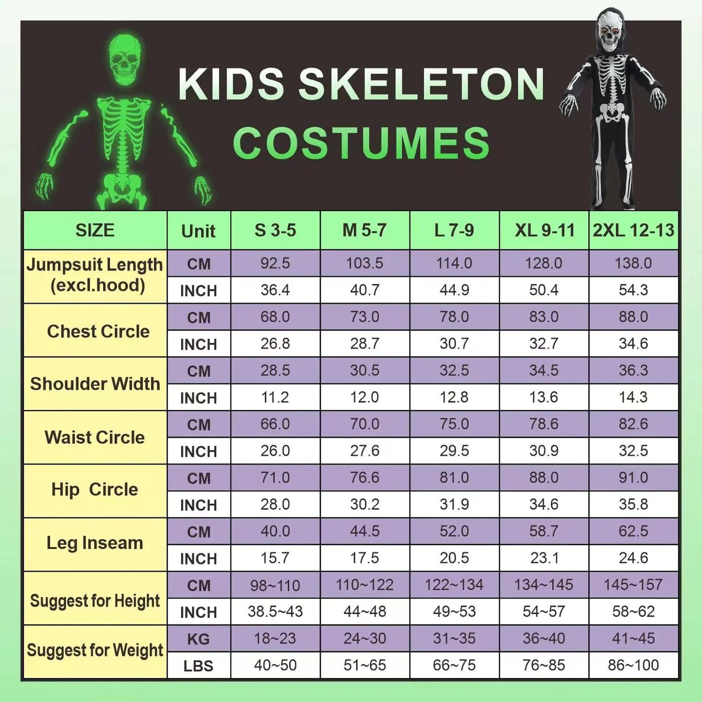 Sincere Party Kids Skeleton Costume Glow in the Dark Skeletons Halloween Skeleton Costumes for Boys and Girls 7-9years White Gid Skeleton