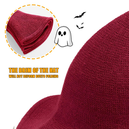 Halloween Witch Hat for Women Wide Brim Foldable Halloween Wool Hats for Party Cosplay Costume Accessory Red