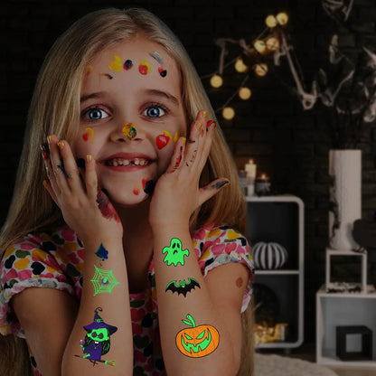 Halloween Temporary Tattoos for Kids, Glow in Dark Tattoos Stickers with Pumpkin Skull Ghost Monster for Halloween Party Favors Decoration