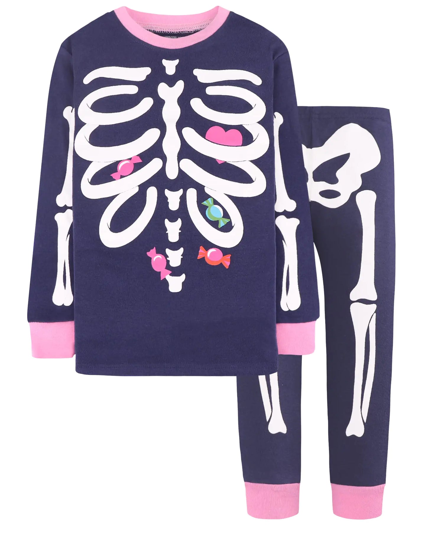 DAUGHTER QUEEN Kids Halloween Pajamas Size 18Months-12Years 2T Skeleton/Navy Blue/Pink-a22