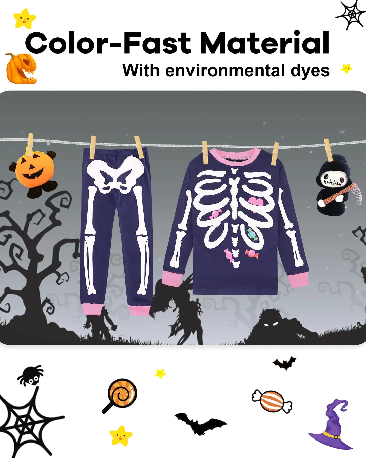 DAUGHTER QUEEN Kids Halloween Pajamas Size 18Months-12Years 2T Skeleton/Navy Blue/Pink-a22