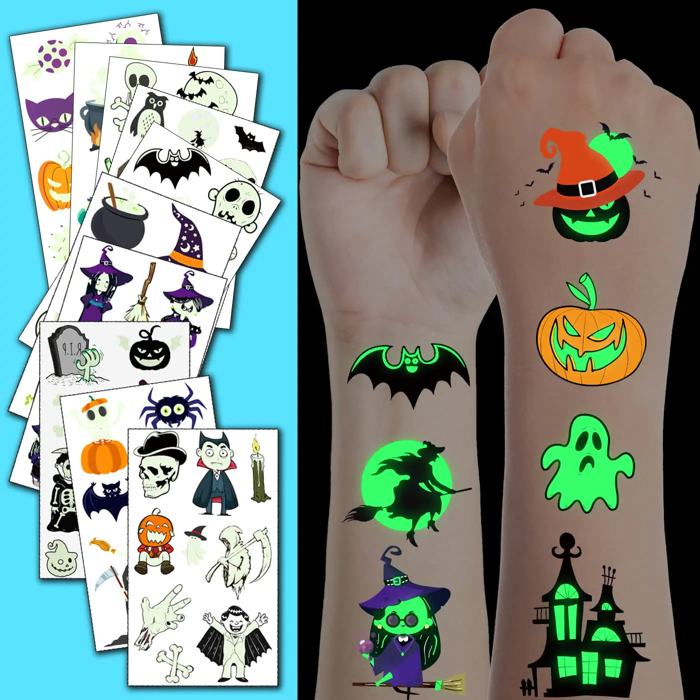 Halloween Temporary Tattoos for Kids, Glow in Dark Tattoos Stickers with Pumpkin Skull Ghost Monster for Halloween Party Favors Decoration