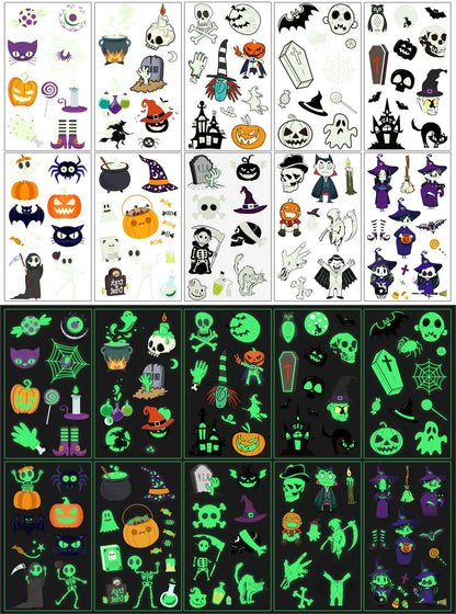 Halloween Temporary Tattoos for Kids, Glow in Dark Tattoos Stickers with Pumpkin Skull Ghost Monster for Halloween Party Favors Decoration